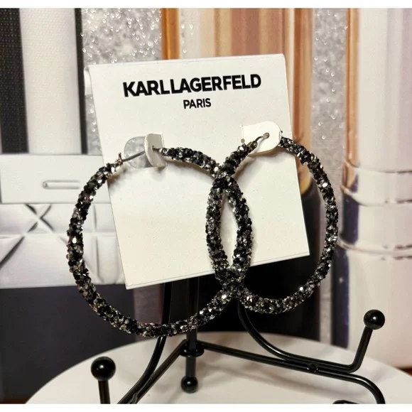 Karl Lagerfeld Sparkling Black Hoop Earrings NWT - Picture 4 of 5